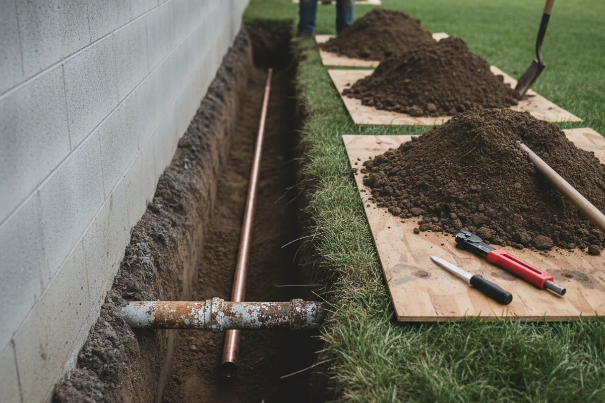 Excavated water line trench during Sewer Line Repair in La Crosse